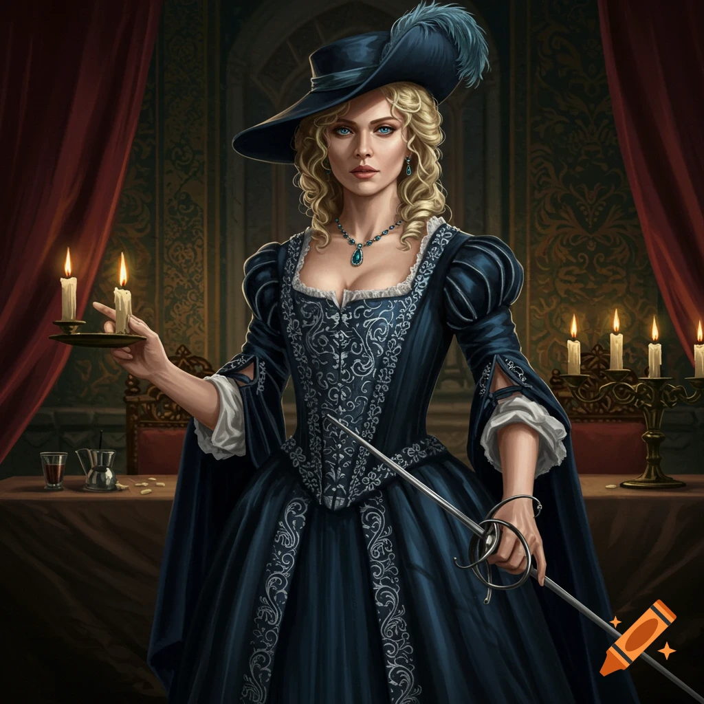 A woman in a blue historical gown and feathered hat holds two lit candles and a rapier in a lavish, candlelit room.