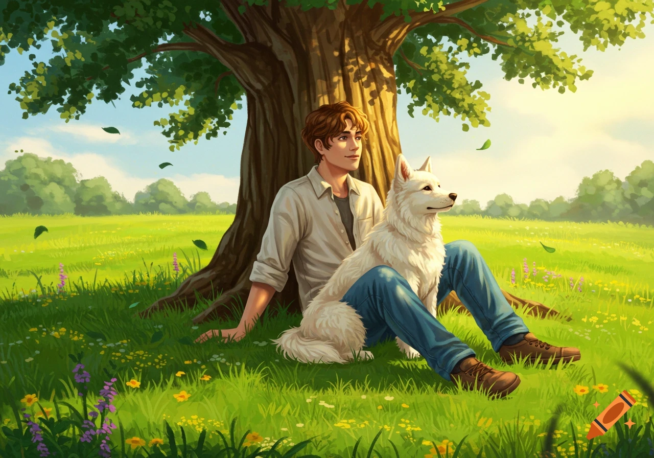 A young man and a white dog sitting under a large tree in a sunny, green field with wildflowers.