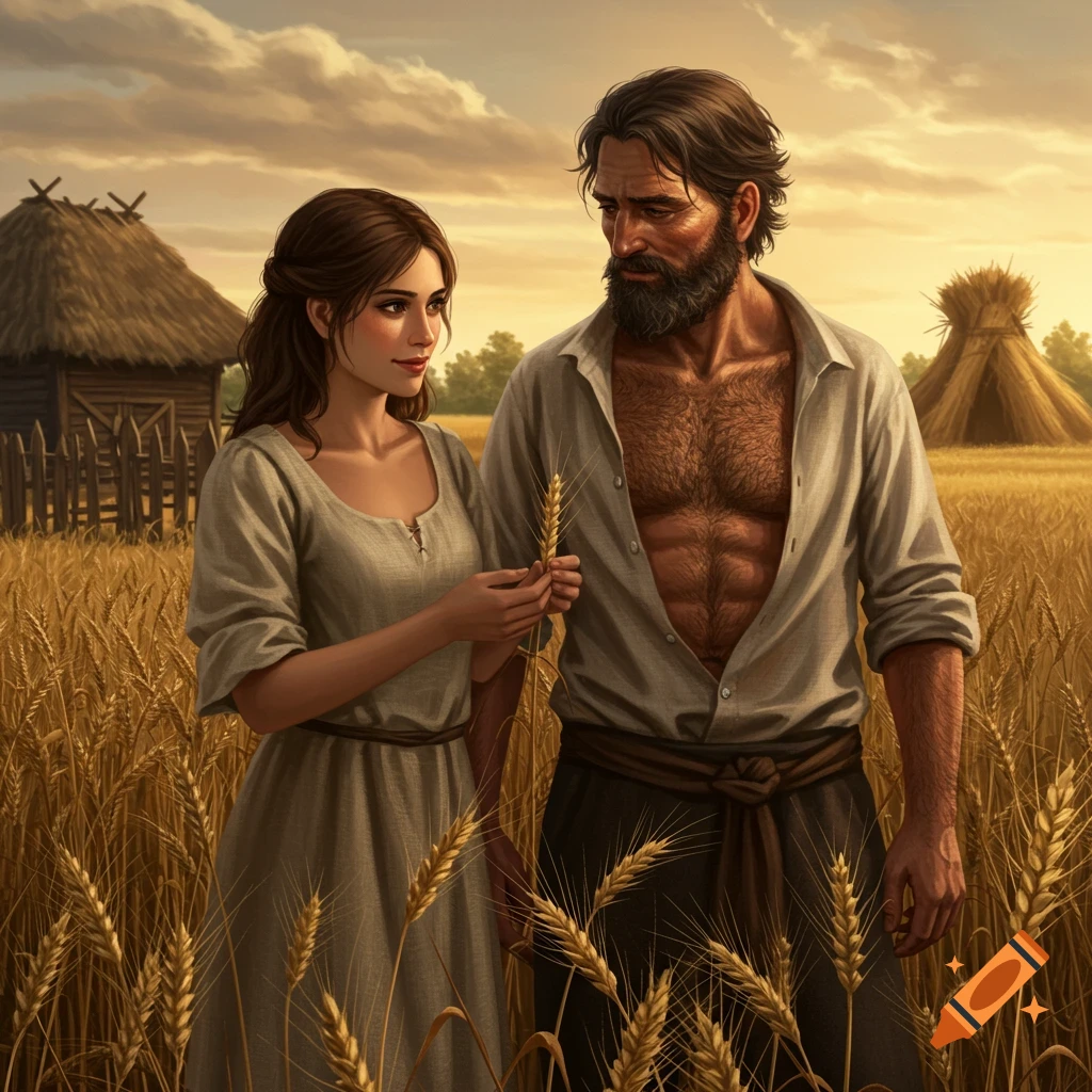 A photorealistic painting of a woman in a dress looking lovingly at a bearded man with an open shirt in a sunlit wheat field with farmhouses.
