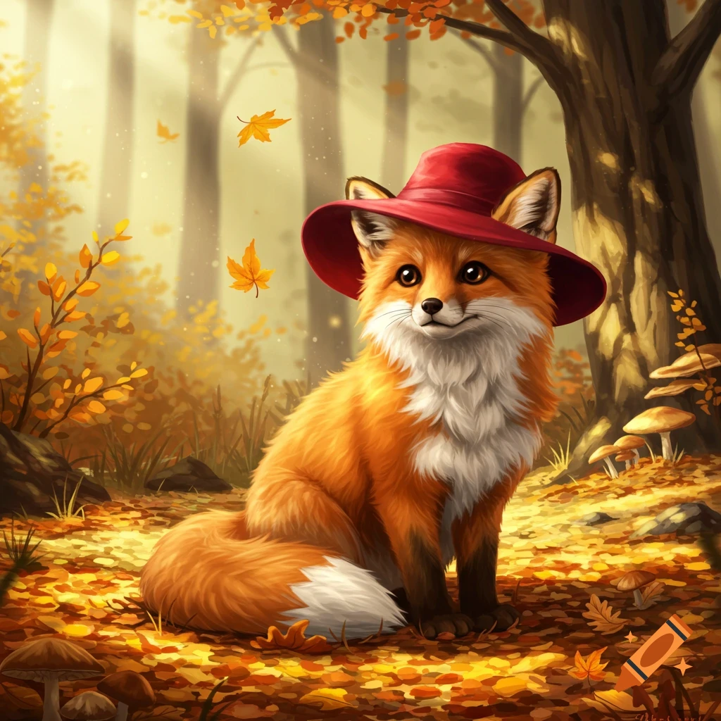 A cute, fluffy orange fox wearing a red hat, sitting in a vibrant autumn forest with golden leaves and mushrooms, in an illustrative style.