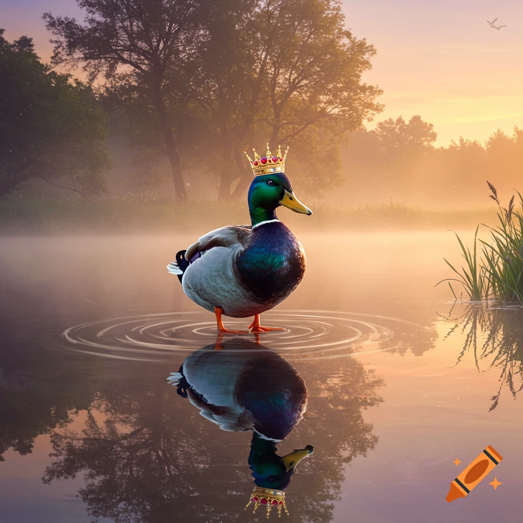 A mallard duck wearing a golden crown stands in a misty lake at sunrise, with ripples in the water.