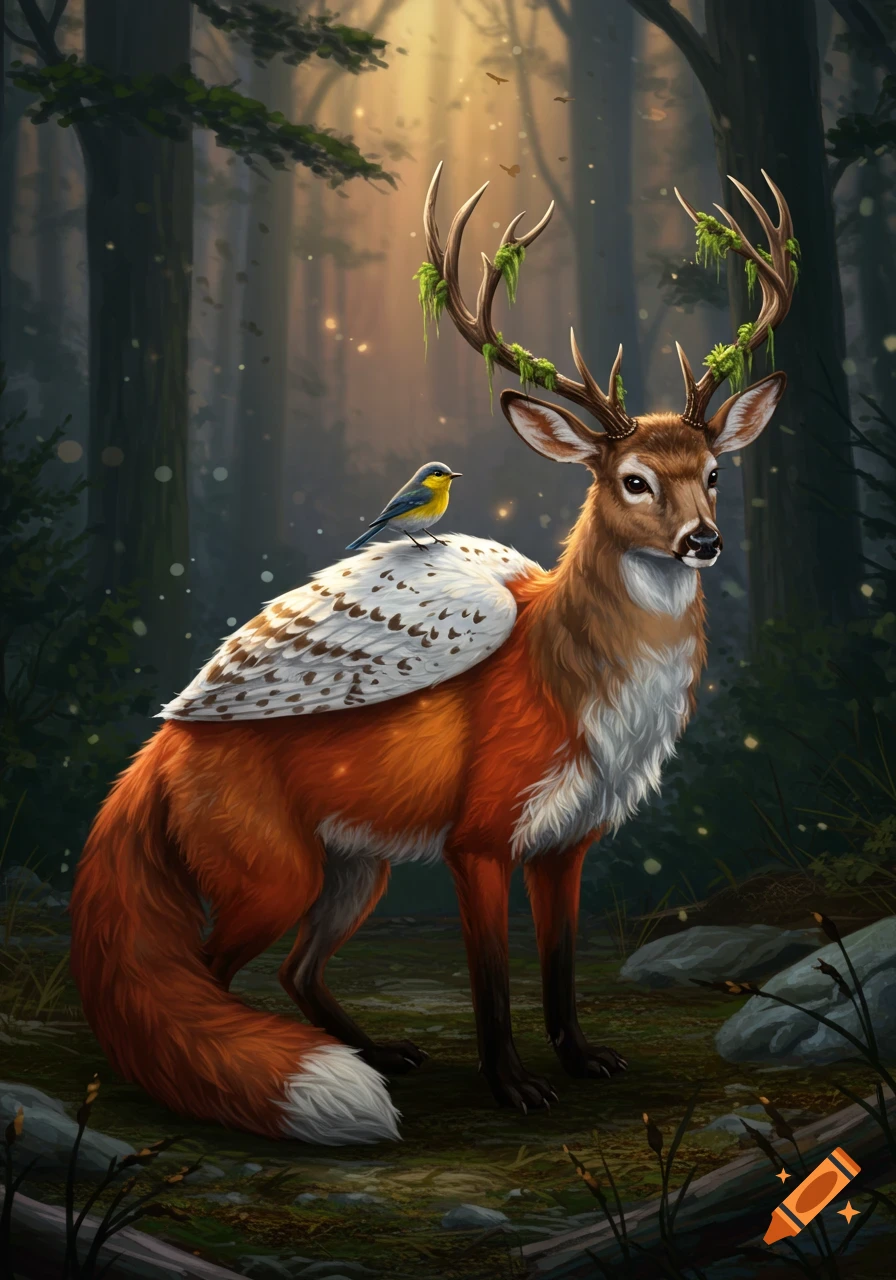 A fantastical creature with a deer head, mossy antlers, fox body, and owl wings, with a warbler on its back, in a sunlit forest.