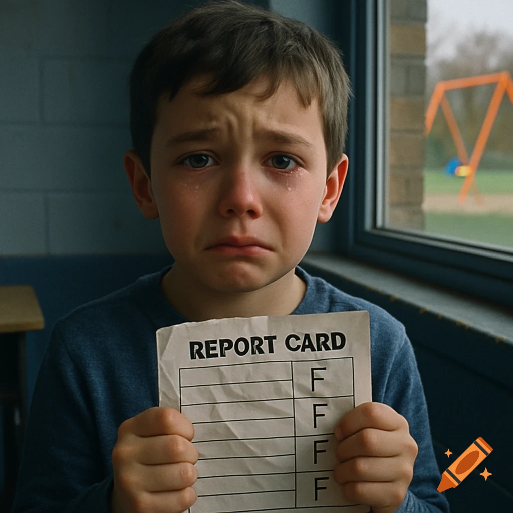 A young boy with tears streaming down his face holds up a report card filled with F grades, looking very sad.