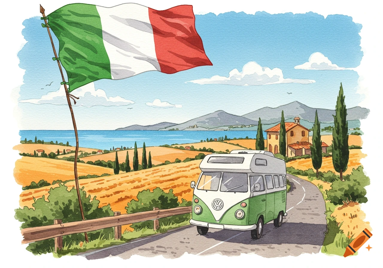 A vibrant watercolor illustration of a green and white Volkswagen camper van driving on a road through a sunny Italian countryside, with a large Italian flag waving overhead, fields, cypress trees, and a distant sea and mountains.