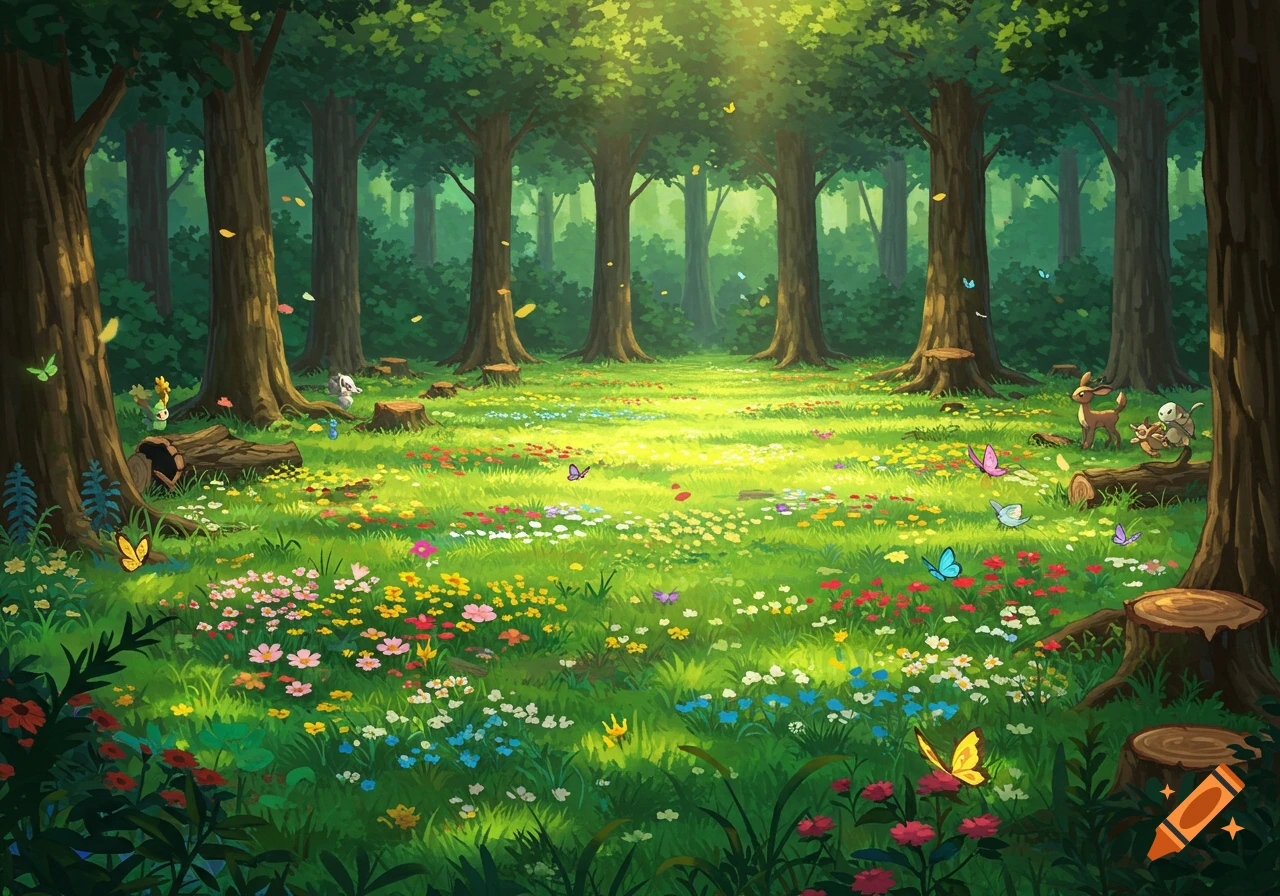 Vibrant animated illustration of a sunlit forest clearing with colorful wildflowers, tall trees, butterflies, and several small, cute creatures resembling Pokémon.