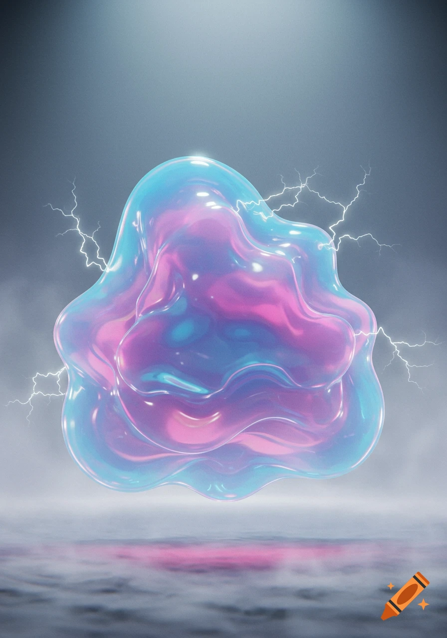 A translucent, iridescent blue and pink blob shape floats in a misty environment with lightning bolts around it.