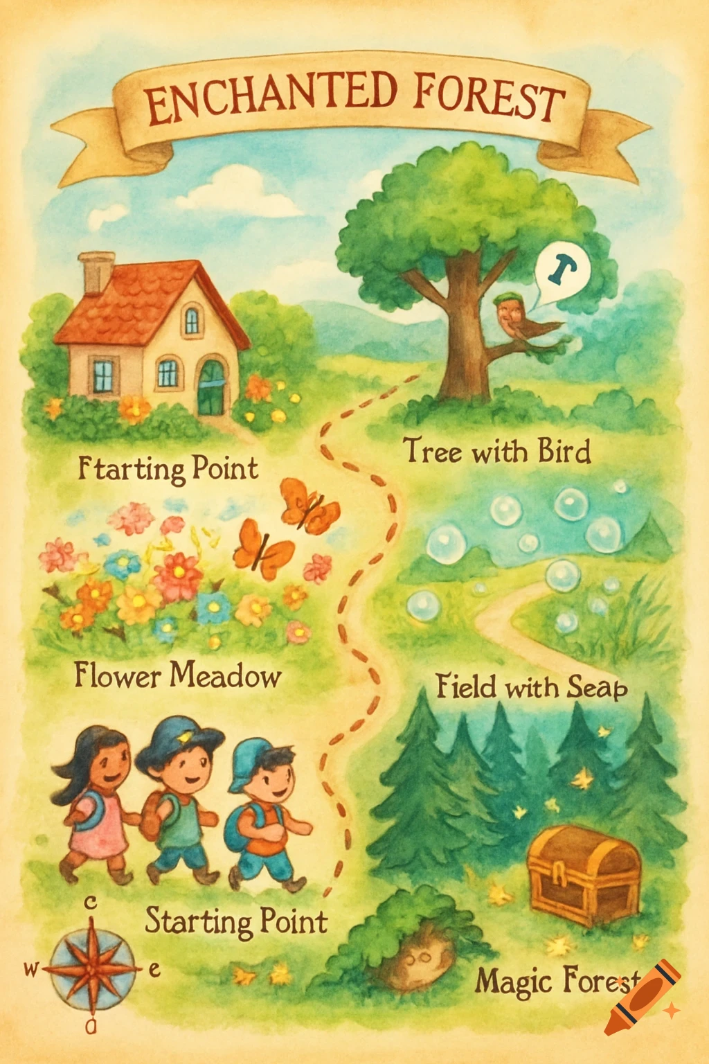 A whimsical watercolor map of an "Enchanted Forest" with a winding path. It features a house, flower meadow, tree with bird, field with bubbles, and children walking towards a treasure chest in a magic forest.
