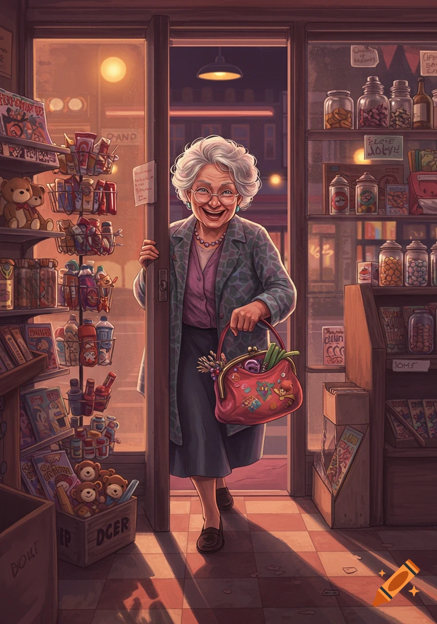 A cheerful elderly woman with white curly hair and glasses stands at the entrance of a warmly lit general store, holding a red purse. Illustration.