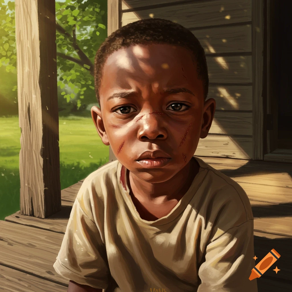An illustrative portrait of a solemn young Black boy with scratches on his face, sitting on a wooden porch in sunlight.