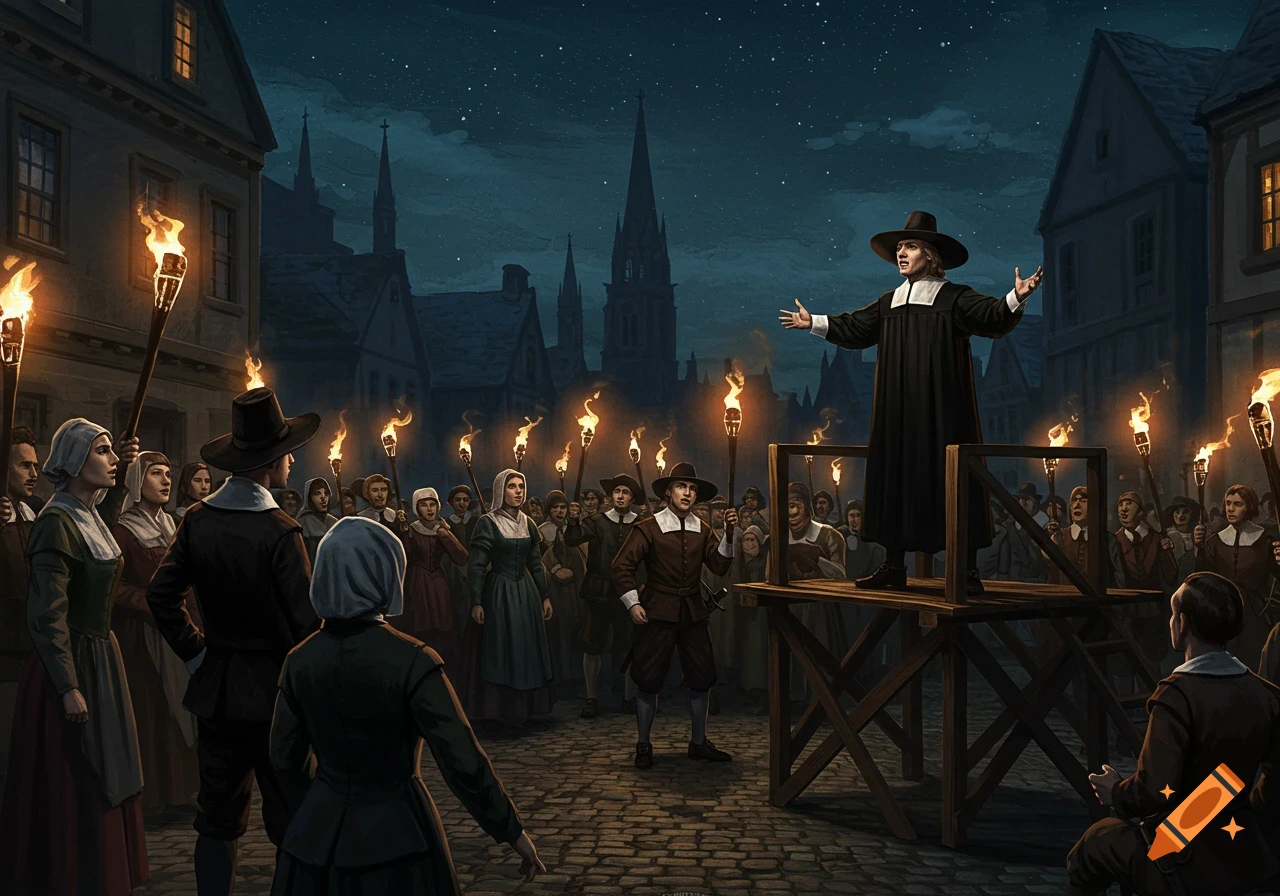 A detailed illustration of a Puritan preacher on a platform, addressing a torch-wielding crowd on a cobblestone street at night.