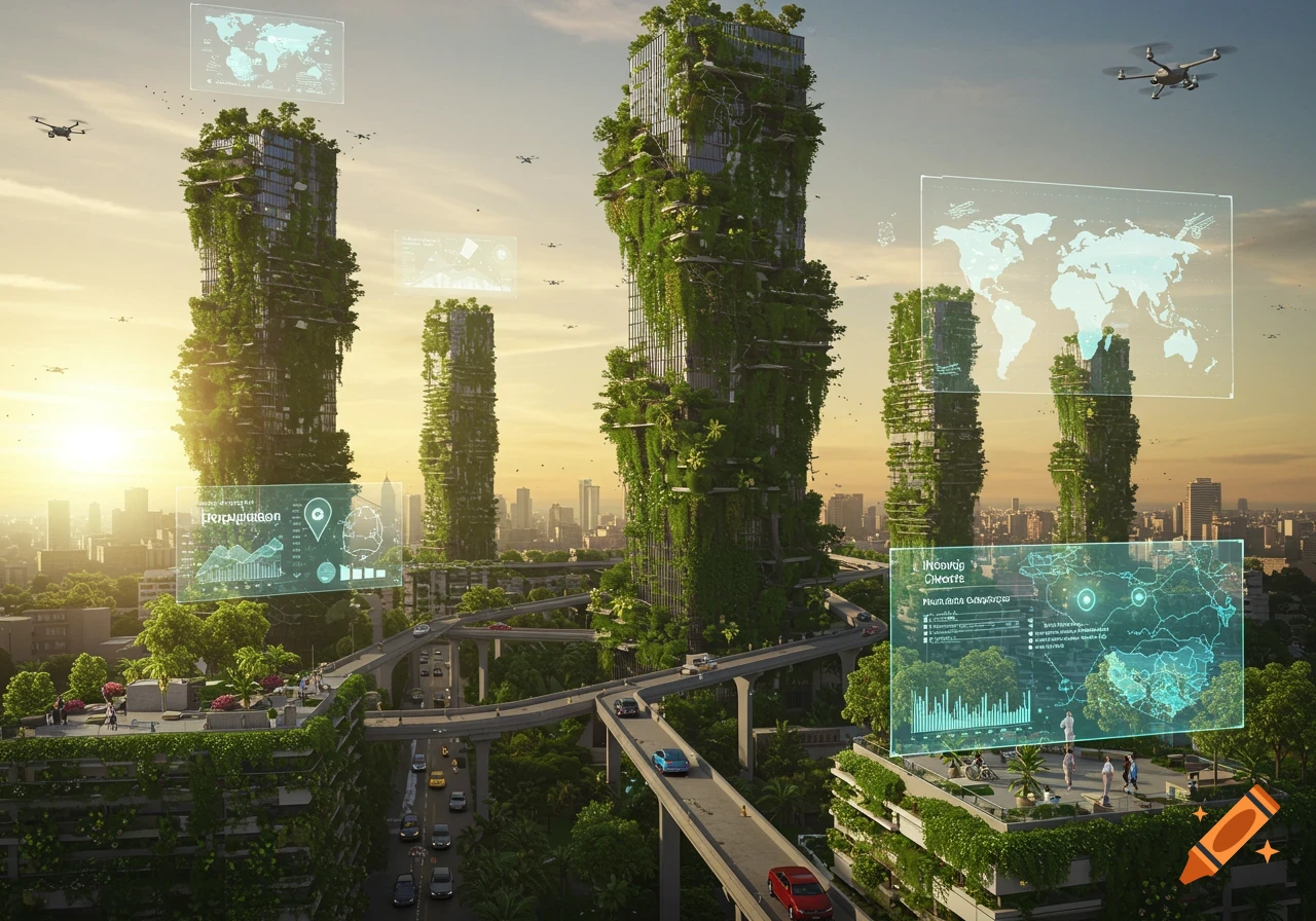 A futuristic city with towering green-covered buildings, elevated roadways, and flying drones under a golden sky. Holographic data displays float above the cityscape.