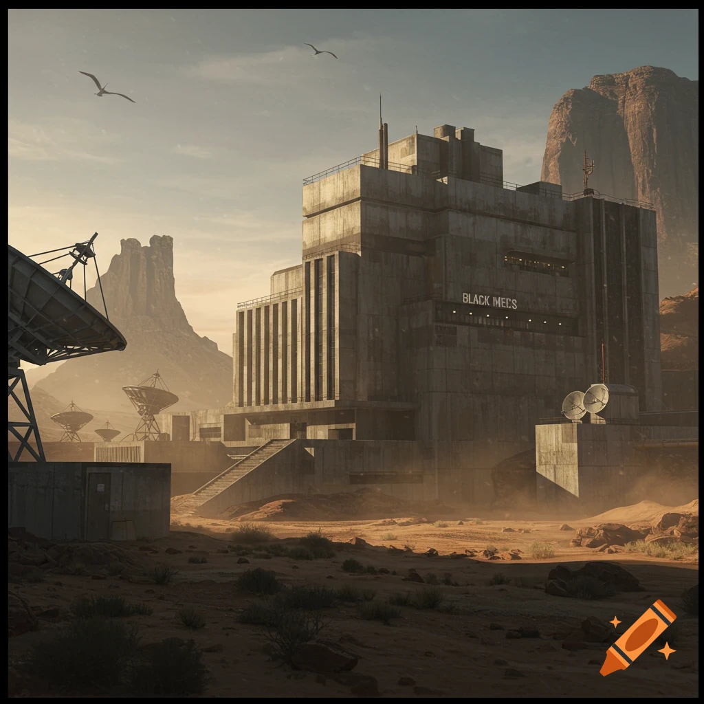 A large concrete brutalist facility with radar dishes in a vast desert landscape under a hazy sky, with rock formations and birds.