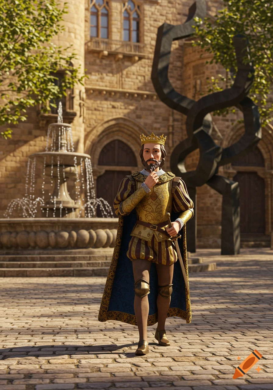 A 3D rendered image of a king in elaborate gold and red attire walking through a cobblestone plaza with a fountain and historic buildings.
