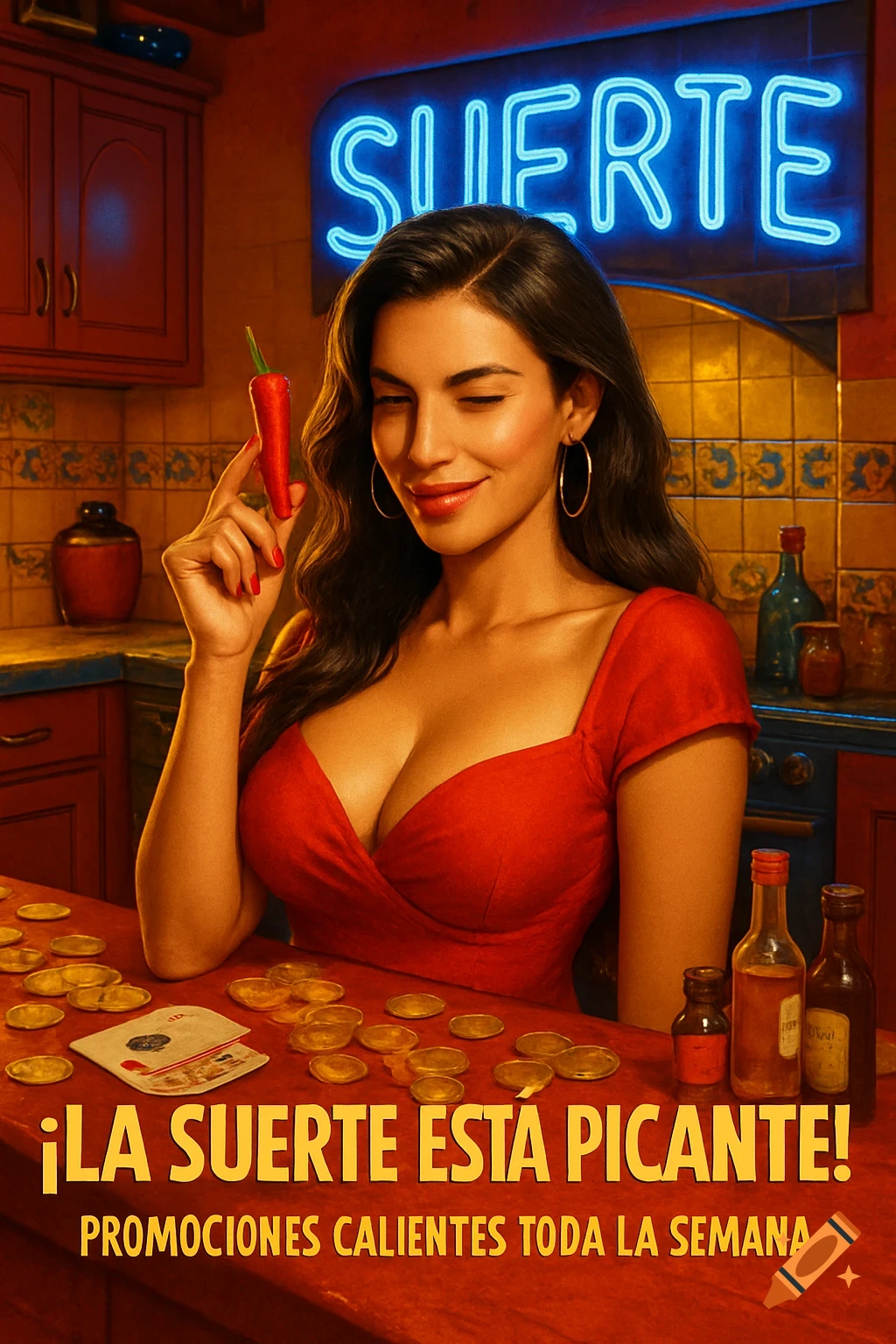 A vibrant promotional image of a smiling Latina woman in a red dress holding a chili pepper in a kitchen setting with gold coins and liquor bottles on a counter. A neon sign reads "SUERTE" above, and text below says "¡LA SUERTE ESTÁ PICANTE! PROMOCIONES CALIENTES TODA LA SEMANA."
