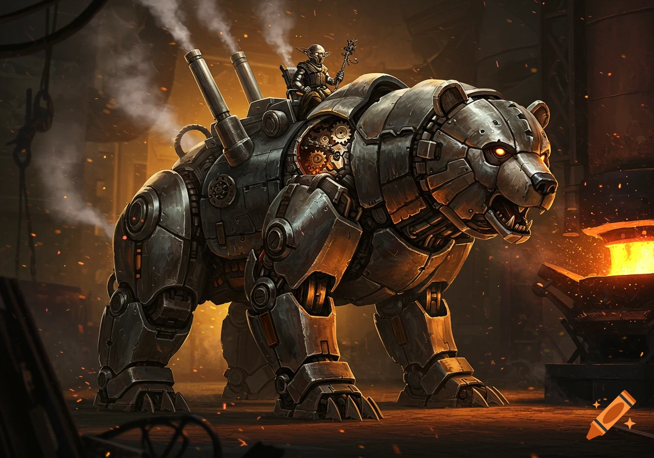 A small autognome creature rides a large, steam-powered mechanical bear through an industrial factory, glowing with forge light and smoke.