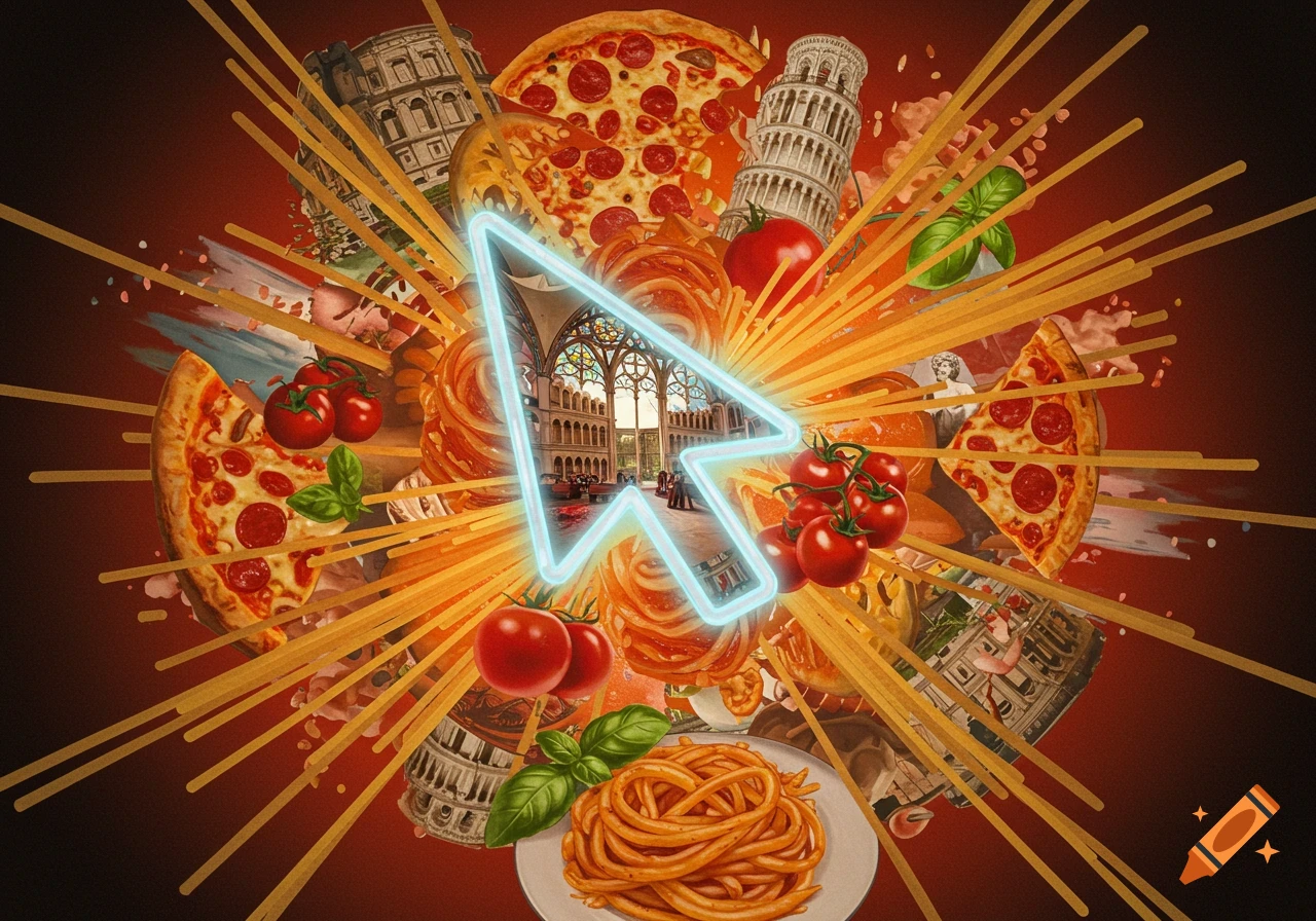 A vibrant collage featuring pizza slices, pasta, tomatoes, Italian landmarks, and a glowing blue cursor, radiating on a red background.