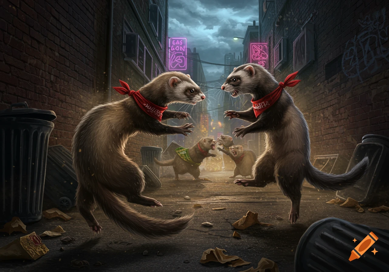 Two gangs of anthropomorphic ferrets wearing red bandanas and vests, fighting in a dark, detailed alleyway with neon signs.