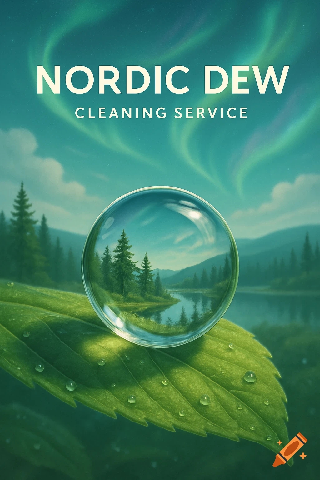 A water droplet on a green leaf reflects a Nordic landscape with pine trees and a lake, under an aurora borealis sky. Text reads 'NORDIC DEW CLEANING SERVICE'.