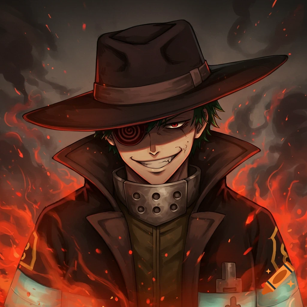 Anime portrait of a menacing man with green hair, a fedora, red spiraling eye patch, sharp teeth, and a trench coat, surrounded by fire and smoke.