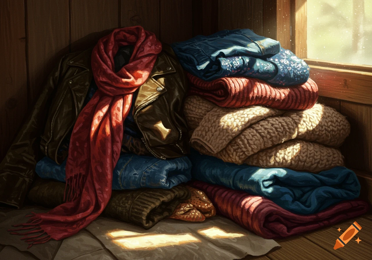 A painterly stack of warm winter clothes, including a red scarf, brown jacket, and sweaters, illuminated by sunlight from a window.