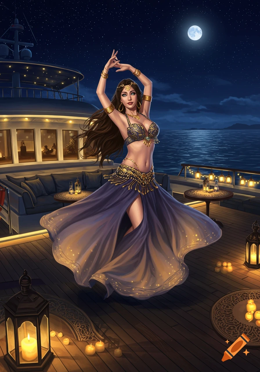 Digital art of a belly dancer in an ornate costume dancing on a yacht deck at night under a full moon.