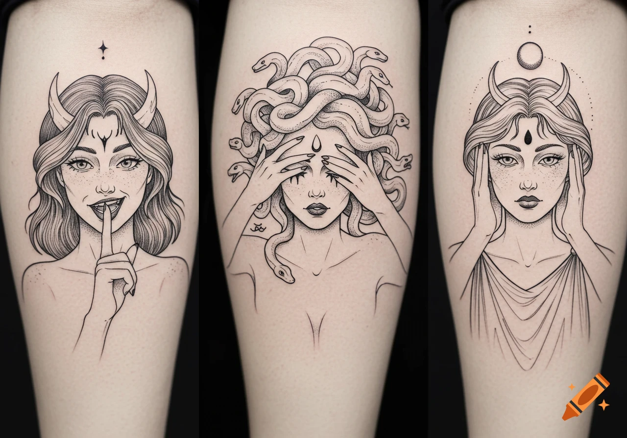 Three fine-line blackwork tattoos depicting Lilith ('Speak No Evil'), Medusa ('See No Evil'), and Hecate ('Hear No Evil') on skin.