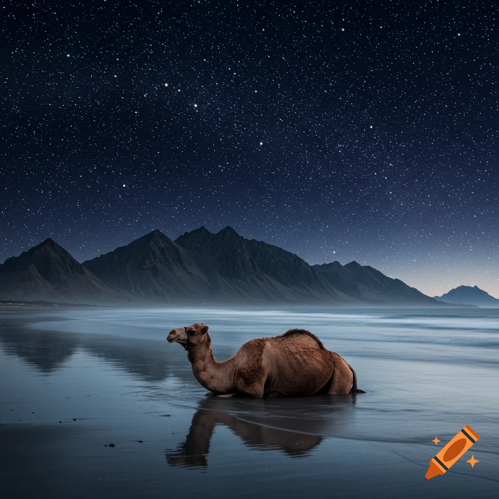A brown camel lies in shallow water on a dark beach at night, with distant mountains under a starry sky.
