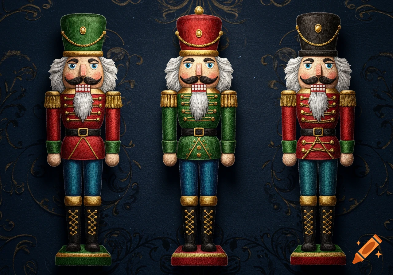 Three embroidered nutcrackers in red, green, and black uniforms stand against a dark blue patterned background.