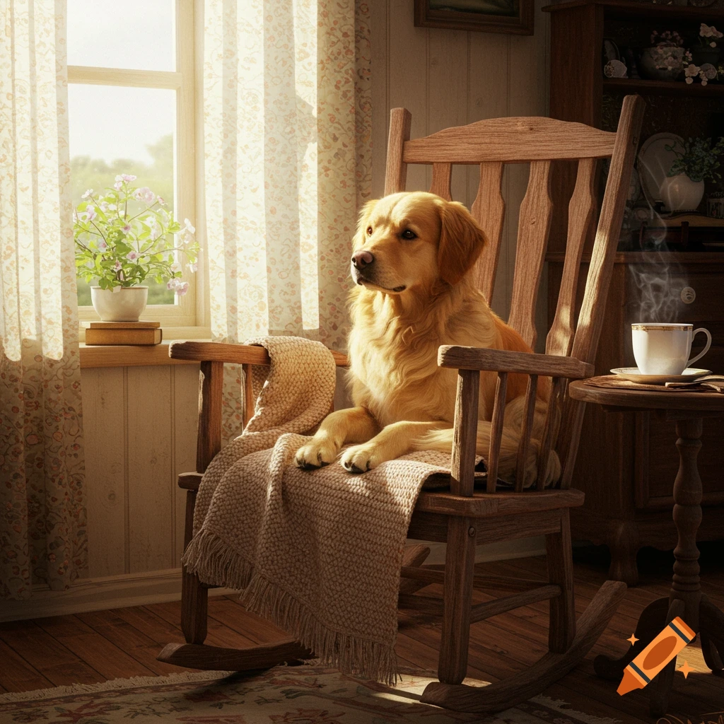 A golden retriever sits on a wooden rocking chair, draped with a blanket, by a sunlit window, with a steaming teacup on a side table.