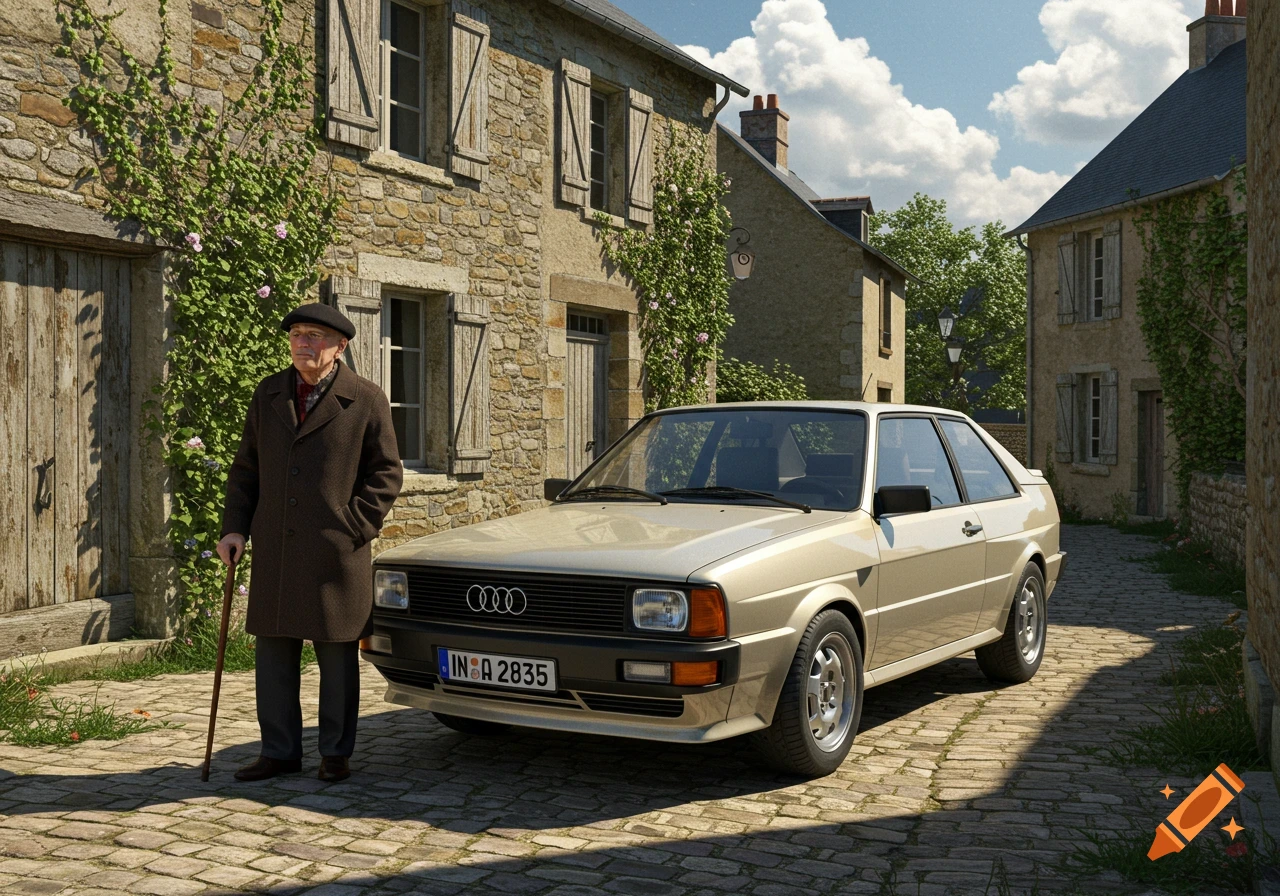 An old man with a cane stands next to a gold Audi car on a cobblestone street in front of stone houses with shutters.