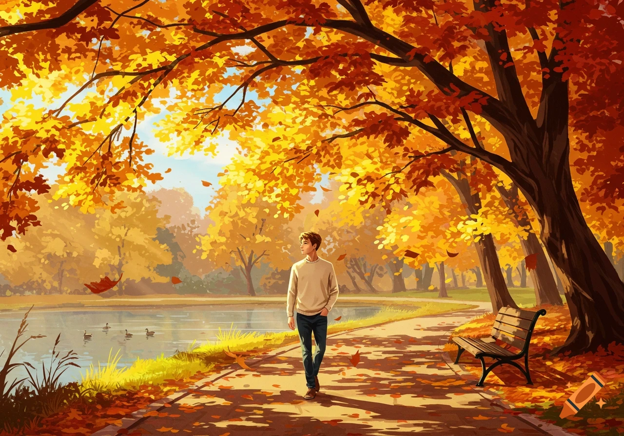 A man walks on a path covered in fallen leaves through a vibrant autumn park with golden trees, a tranquil lake, and ducks swimming.