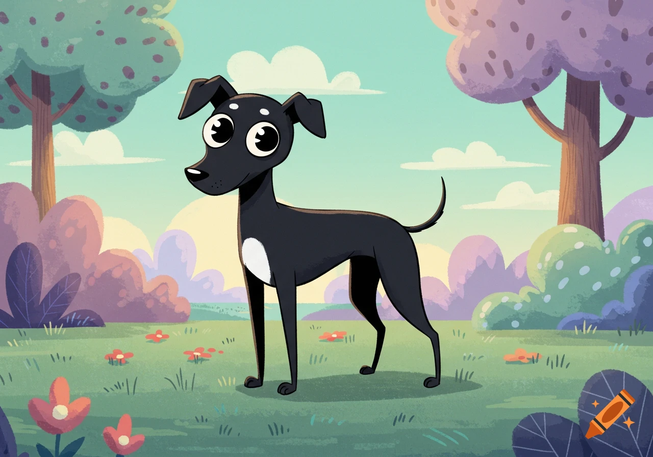 A cartoon black dog with wide eyes and a white chest patch stands in a colorful park.
