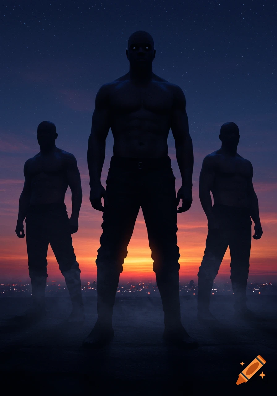 Three muscular men in silhouette, one with glowing eyes, stand over a city skyline at sunset under a starry sky with mist.