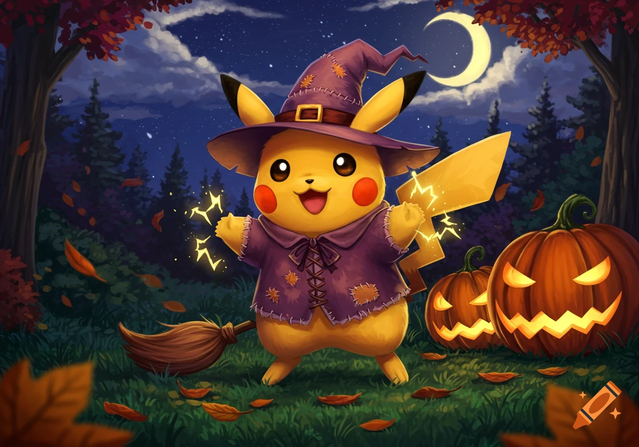 A cute Pikachu witch with a broom stands in an autumn forest with glowing jack-o'-lanterns under a crescent moon.