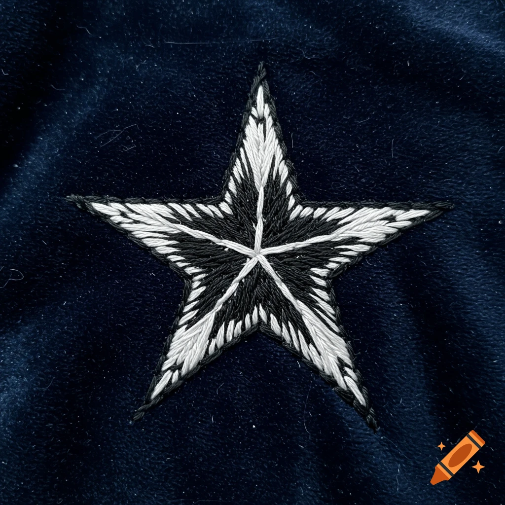 A close-up of a white and black embroidered star on dark blue fabric.