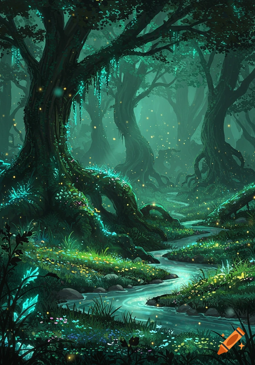 A magical, vibrant green forest with glowing plants, a winding river, and shimmering fireflies.