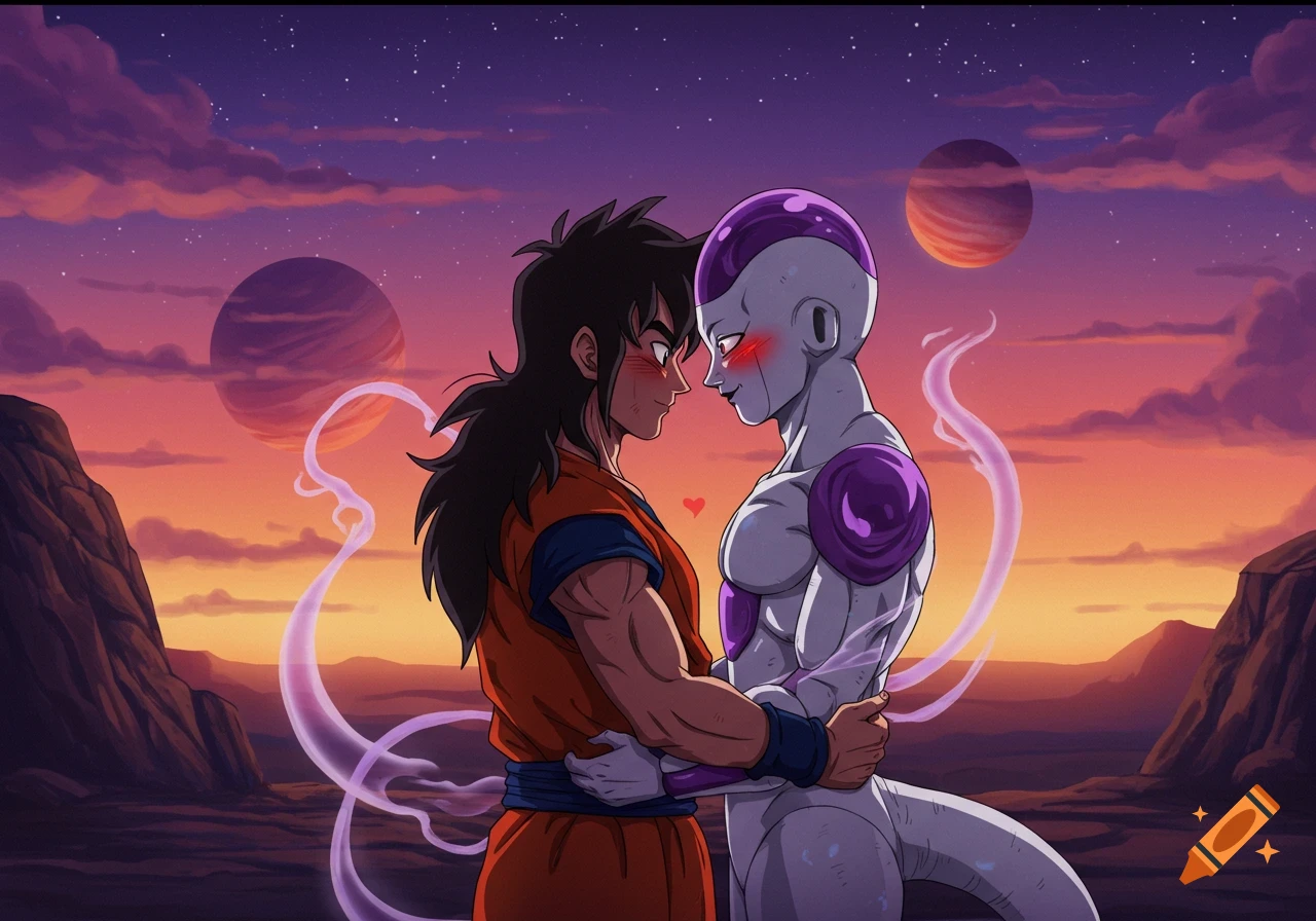 Yamcha from Dragon Ball Z embracing and looking lovingly at Final Form Frieza under a twilight sky with planets.