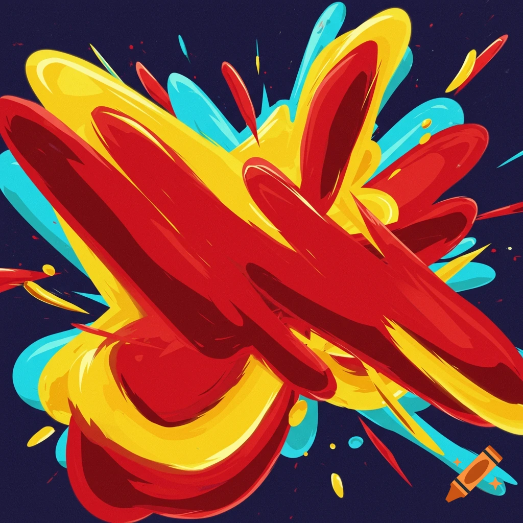 A vibrant abstract explosion of red, yellow, and light blue stylized shapes against a dark blue background.