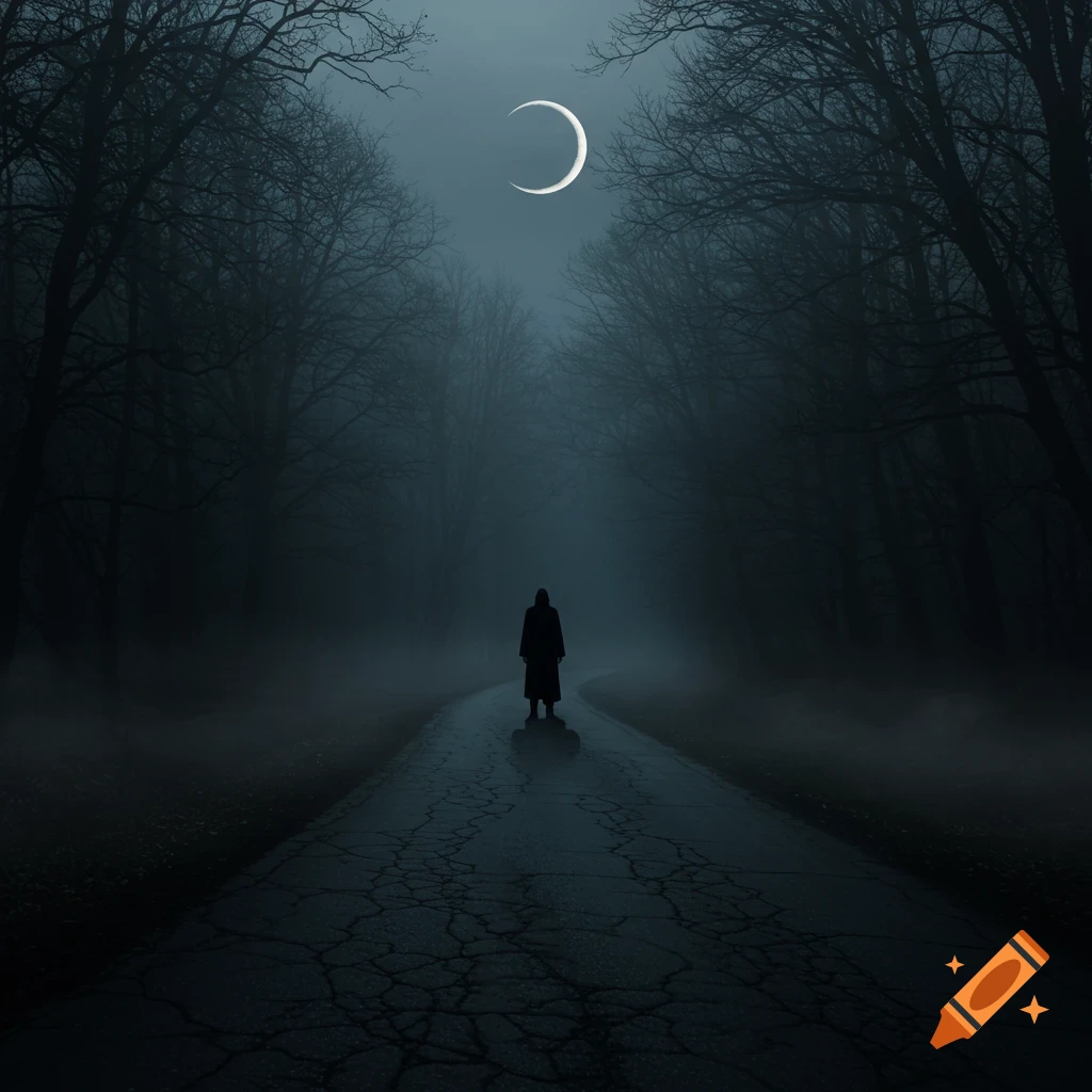 A lone silhouette stands on a dark, winding, cracked road in a foggy forest under a crescent moon, evoking a gloomy, gothic atmosphere.