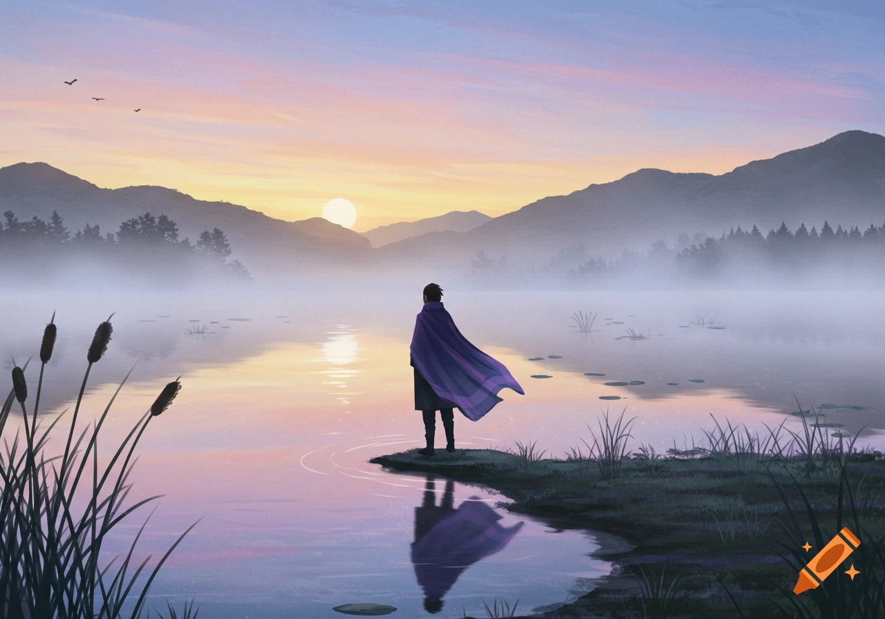 A lone figure in a purple cloak stands on the shore of a misty lake, watching the sunrise over mountains.