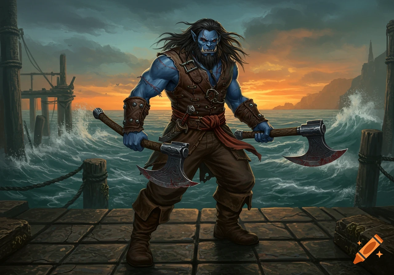 A blue-skinned, long-haired orc swashbuckler dual-wielding bloody battleaxes on a dock, with stormy seas and a sunset sky.