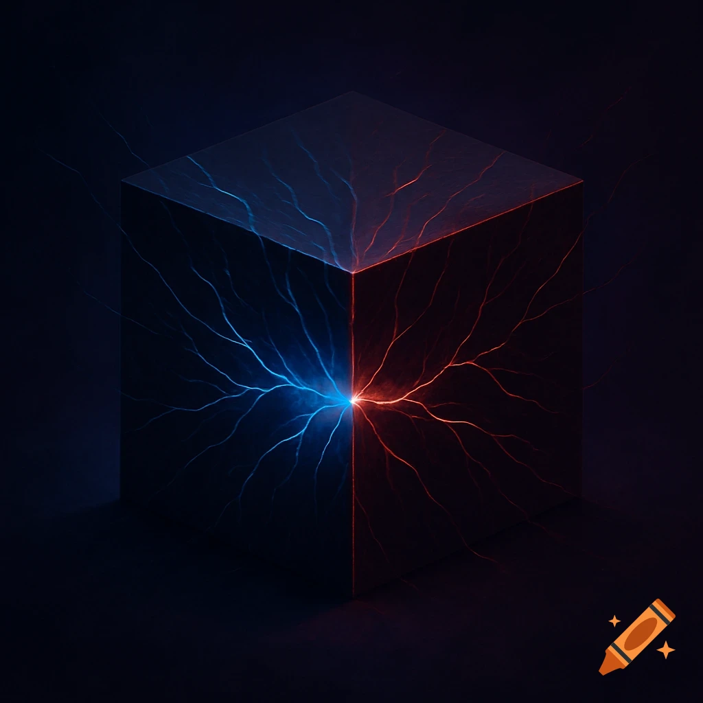 A dark cube glows with blue and red electrical tendrils emanating from its center, against a dark background.