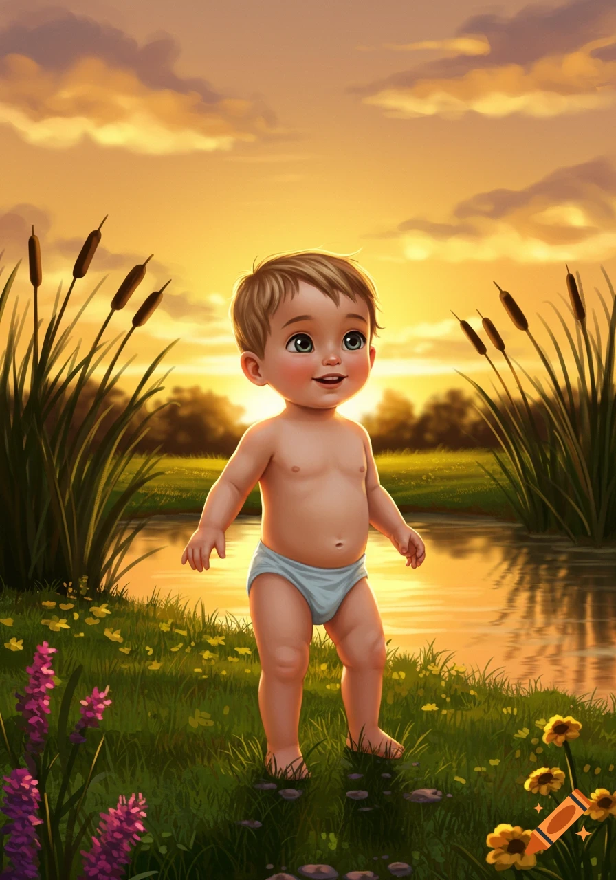 A smiling cartoon baby in a diaper stands in grass by a pond with cattails, against a vibrant sunset sky.