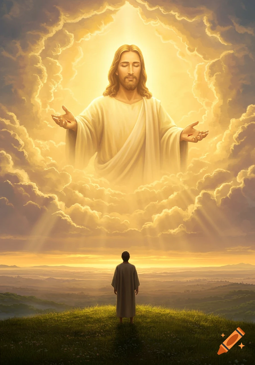 Jesus appears in golden glowing clouds with outstretched arms above a man looking up from a grassy hill at sunset.