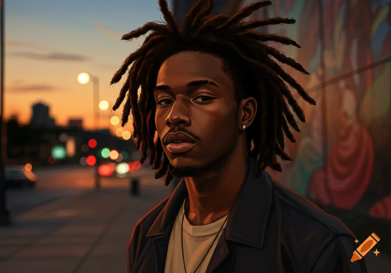 A painted portrait of a young Black man with dreadlocks, looking forward, against an urban sunset and blurred mural.