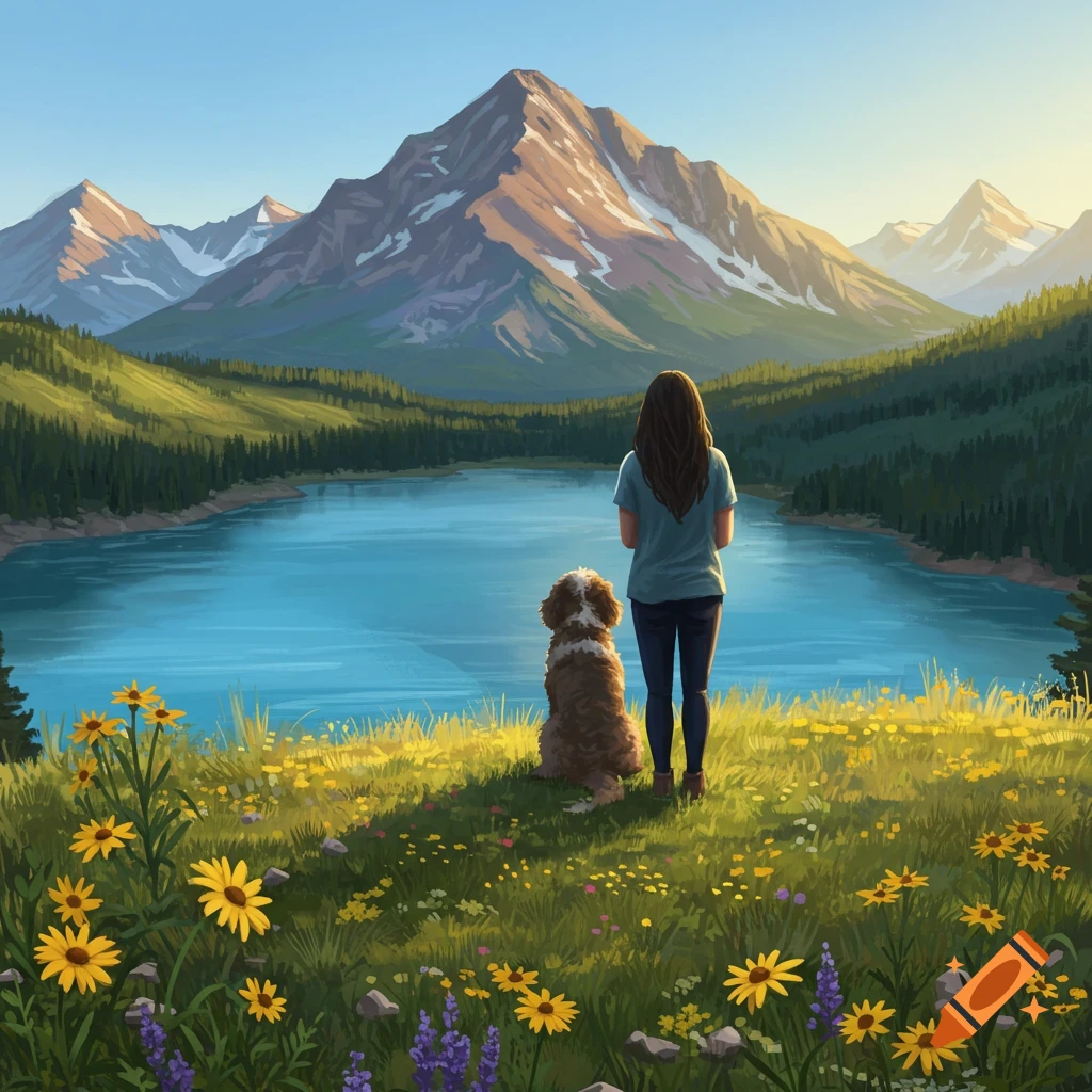 A woman and her dog gaze at a serene lake with majestic mountains and wildflowers in the foreground, in an illustrative style.