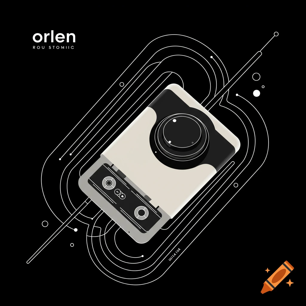 Minimalist graphic design of a beige and black electronic device with a central dial and a rectangular slot, surrounded by white abstract lines on a black background. Text reads "orlen" and "ROU STOMIIC".