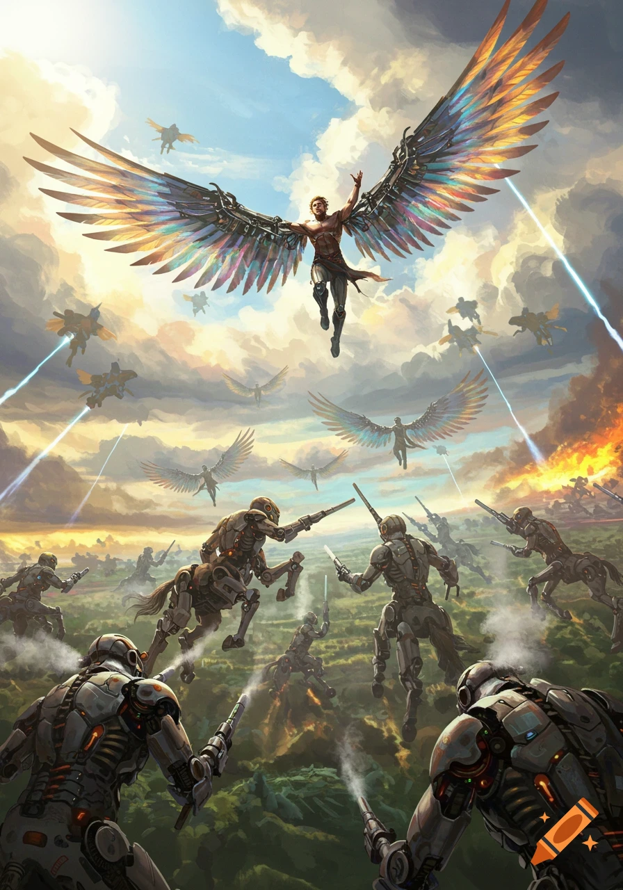 A man with large, colorful mechanical wings flies above a battlefield where humanoid and half-horse robots clash under a cloudy sky.