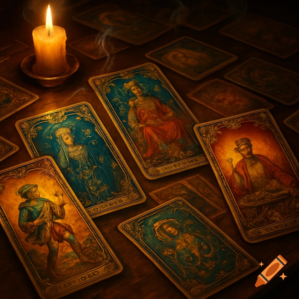 Ornate tarot cards featuring archetypal figures are spread across a dark wooden table, illuminated by a lit candle and smoke.