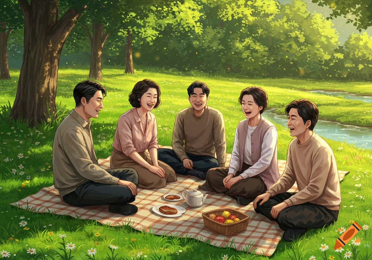 Five smiling East Asian adults enjoy a picnic on a plaid blanket in a lush green park next to a stream, rendered in an illustrative style.